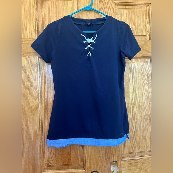 Tommy Hilfiger - Navy Blue Short Sleeve Top with Lace-Up Detail - Picture 4 of 5